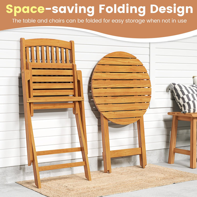GIANTEX 3 Pieces Acacia Wood Bistro Set Outdoor Folding Table & Chairs