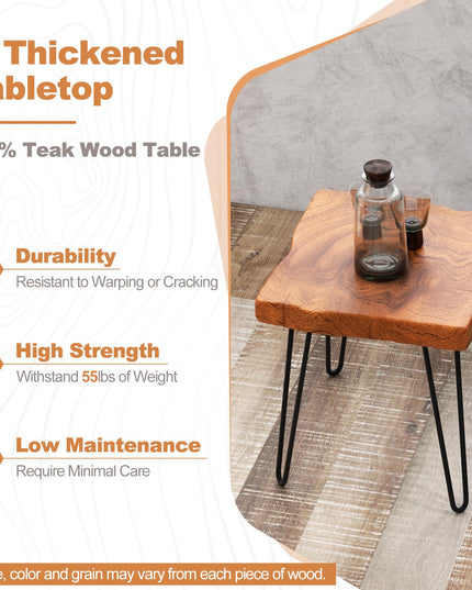 Giantex Teak Wood End Table, Solid Live Edge Outdoor Side Table w/Natural Grain & Heavy-Duty Metal Legs