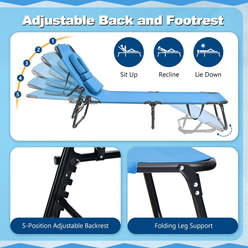 Giantex Folding Beach Tanning Chair - Adjustable Patio Lounge Chair w/Face Hole, Removable Pillows, Carry Strap