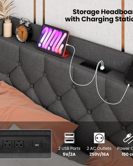 Giantex Floating Bed Frame with LED Lights, Modern Platform Bed with Adjustable Upholstered Headboard & Charging Station