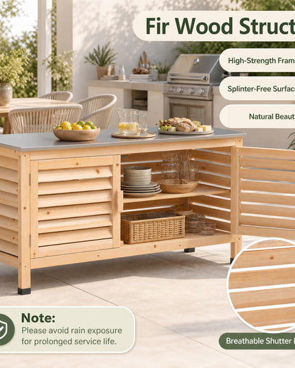 Giantex Fir Wood Outdoor Cabinet with Stainless Steel Countertop