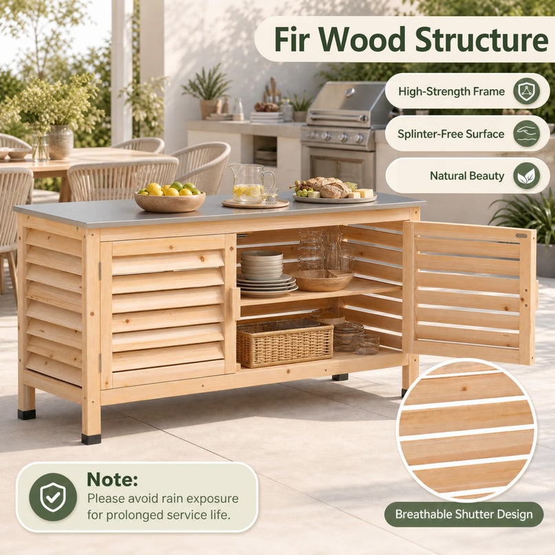 Giantex Fir Wood Outdoor Cabinet with Stainless Steel Countertop