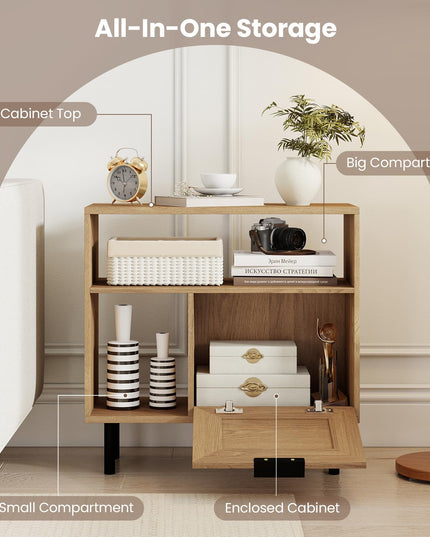 Giantex Rattan End Table with Cabinet Boho Nightstand