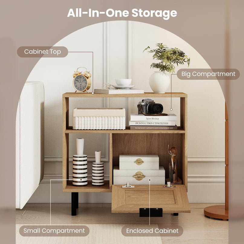 Giantex Rattan End Table with Cabinet Boho Nightstand