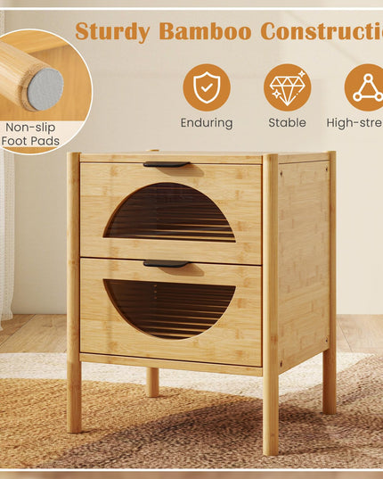 Giantex Bamboo Nightstand, Mid-Century Modern Bedside Table with 2 Storage Drawers & Tempered Glass