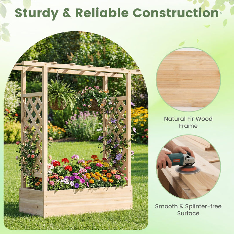Giantex 45" Wooden Raised Garden Bed with Trellis & Hanging Roof