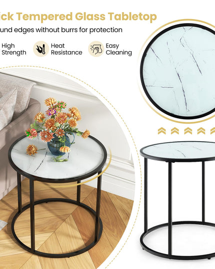 Giantex Round Side Table, Tempered Glass End Table with Metal Frame