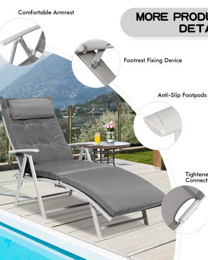 Pool Folding Reclining Beach Chair W/Removable Cushion&Headrest Pillow