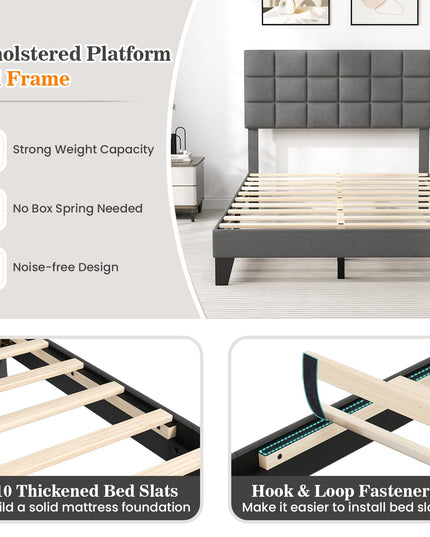 Giantex Full Size Platform Bed, Linen Fabric Upholstered Bed Frame with Adjustable Headboard & Wooden Slat Support