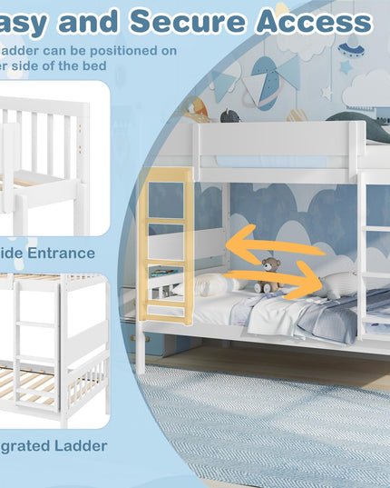 Giantex Wood Bunk Bed Twin Over Twin, Solid Wood Bunk Bed Frame with Ladder & Safety Guardrails