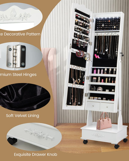 CHARMAID 6 LEDs Rolling Jewelry Cabinet with High Full Length Mirror, Lockable Standing Jewelry Armoire with Wheels