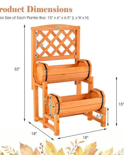 Giantex Raised Garden Bed with 2 Barrel Planters & Trellis, 2-Tier Freestanding Wooden Raised Bed for Vegetable Flower Fruit