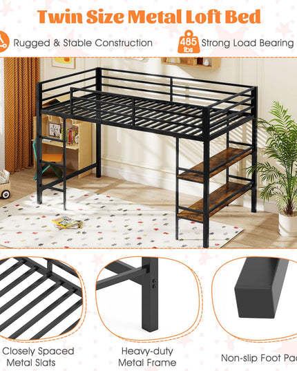 Giantex Heavy Duty Metal Frame Low Loft Bed Twin Size w/Ladder & Full-Length Guardrails