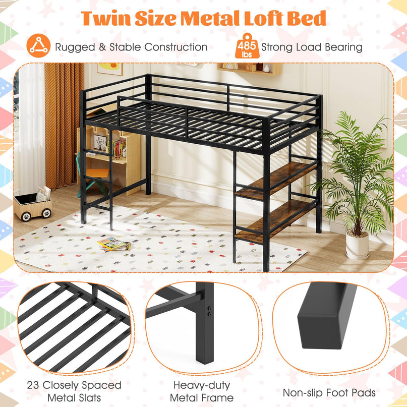 Giantex Heavy Duty Metal Frame Low Loft Bed Twin Size w/Ladder & Full-Length Guardrails
