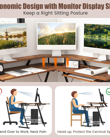 Giantex L Shaped Computer Desk with Power Outlet, 51" Corner Computer Desk with Monitor Stand and Reversible Keyboard Tray