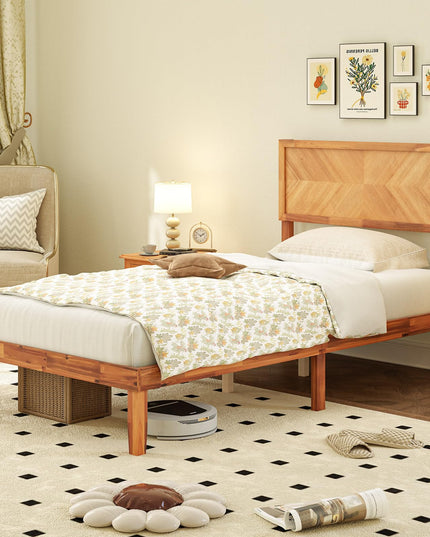 Giantex Wood Twin Bed/Full Size Bed/Queen Bed Frames with Headboard, Solid Acacia Wood Platform Bed with 12 Strong Wooden Slat Support