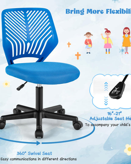 Giantex Kids Desk Chair, Armless Kids Computer Chair with Lumbar Support, Mesh Adjustable Swivel Study Chair with Wheels