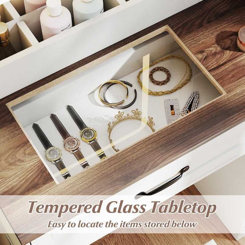 Glass Top Vanity Desk with Lighted Mirror