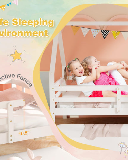 Giantex Twin House Bed with Trundle, Wood Kids Bed Frame with Roof & Fence Rails