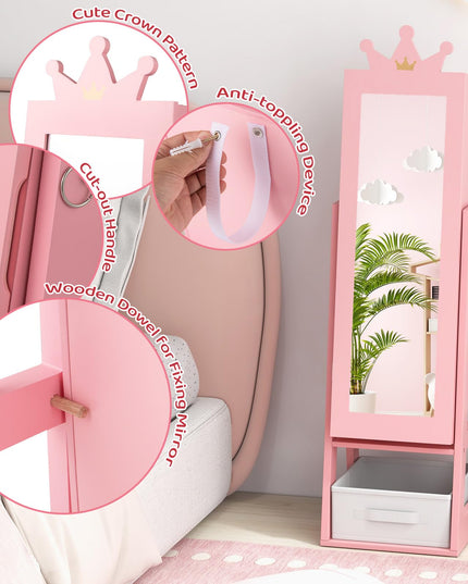 CHARMAID Kids Mirror Jewelry Cabinet - 45.5'' Standing Jewelry Armoire with Full Length Mirror