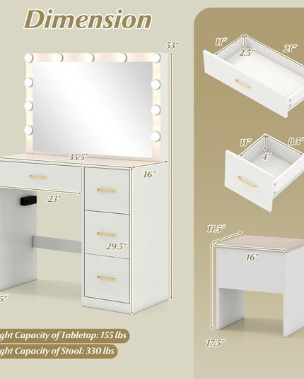 CHARMAID White Vanity Desk with Mirror and Lights | Modern Bedroom Dressing Table