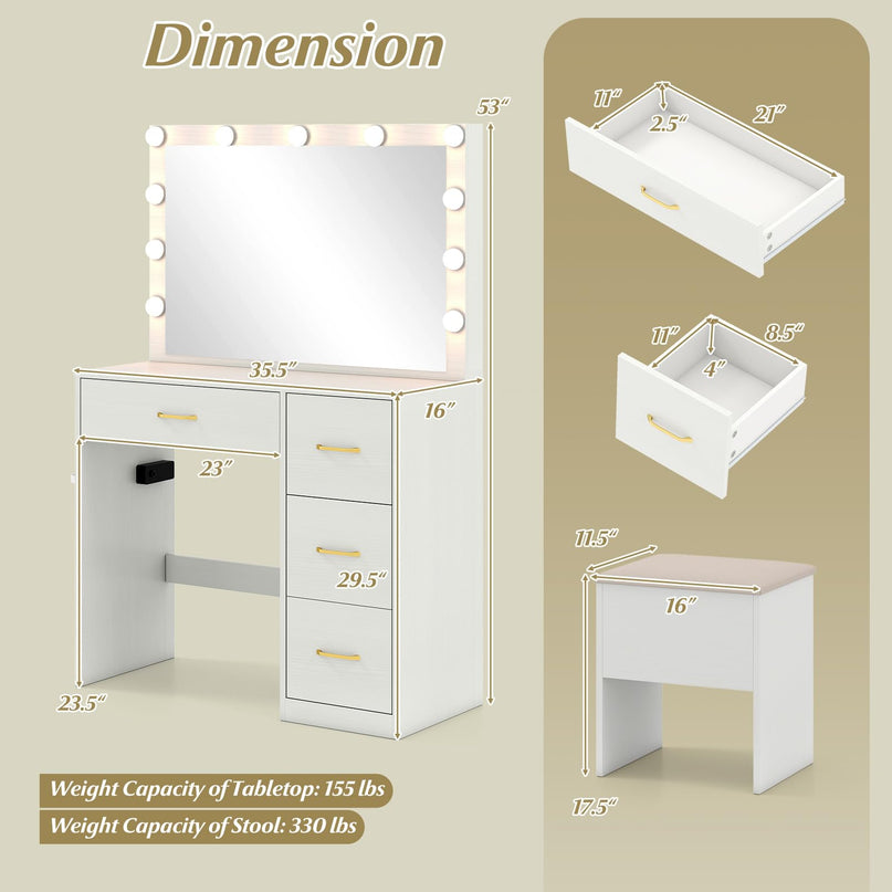 CHARMAID White Vanity Desk with Mirror and Lights | Modern Bedroom Dressing Table