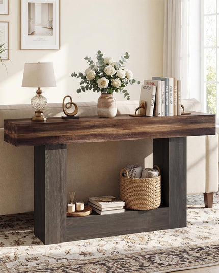 Giantex 63" Farmhouse Console Table with Storage Shelf - Rustic Brown