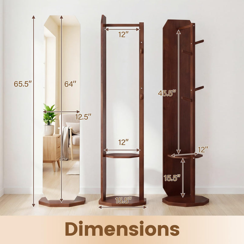 Giantex 65.5" Wood Floor Standing Mirror with Clothes Rod