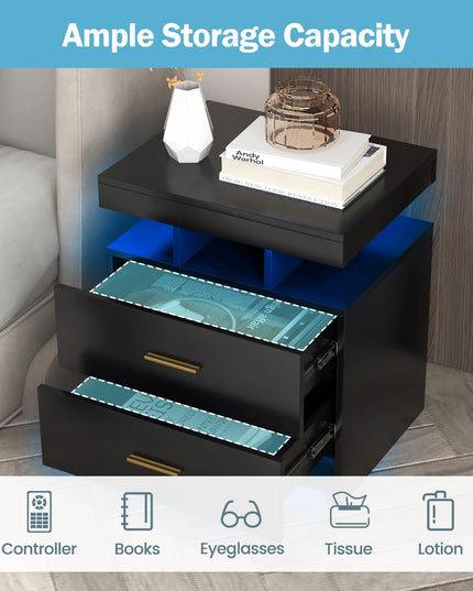 Giantex LED Nightstand, Modern Black Bedside Tables with 2 Storage Drawers