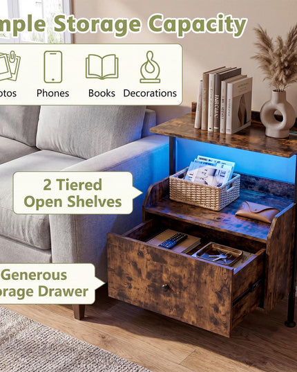 Giantex Nightstand w/Charging Station & LED Light for Bedroom Living Room Study