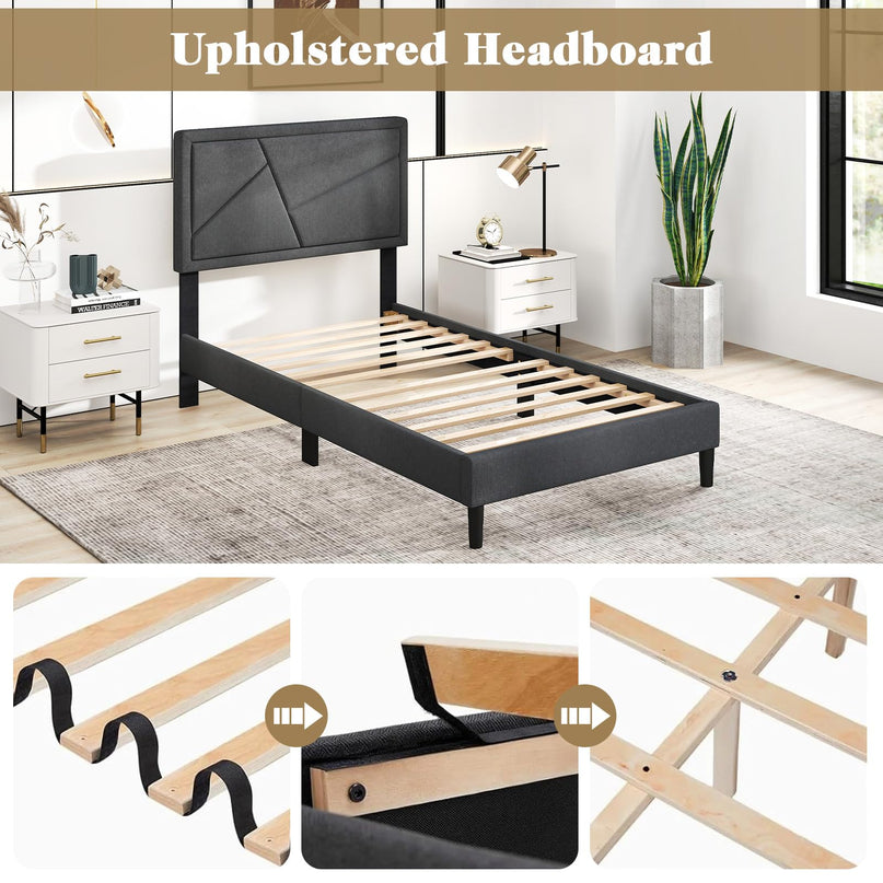 Modern Upholstered Platform Bed Frame with Geometric Tufting Headboard