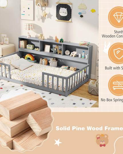Giantex Twin Floor Bed with Bookcase for Kids