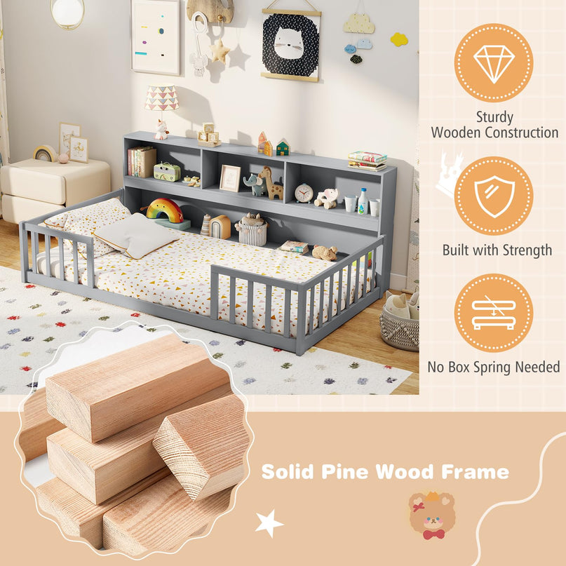 Giantex Twin Floor Bed with Bookcase for Kids