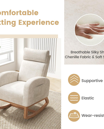 Giantex Fauteuil à bascule en chenille rembourré avec cadre en bois d'hévéa naturel