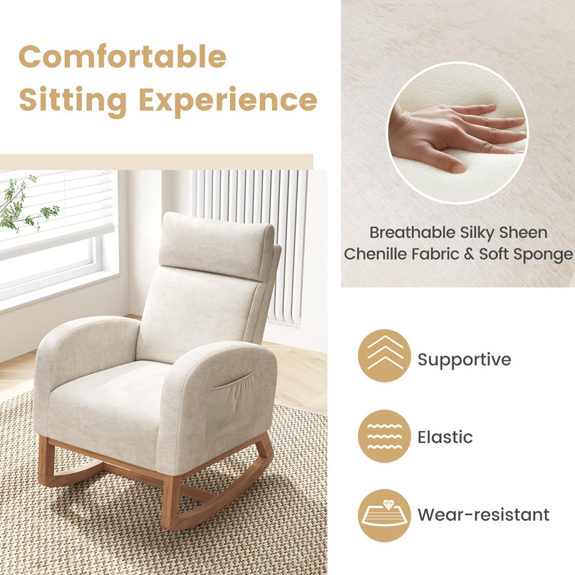 Giantex Rocking Chair Upholstered Chenille Rocker Chair Natural Rubber Wood Frame