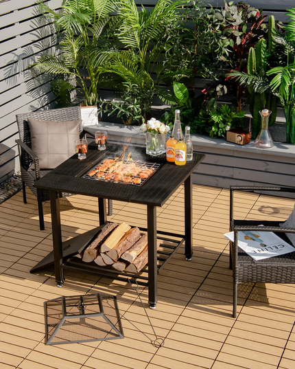 4-in-1 Wood Burning Fire Pit, Square Firepit Table with Mesh Cover