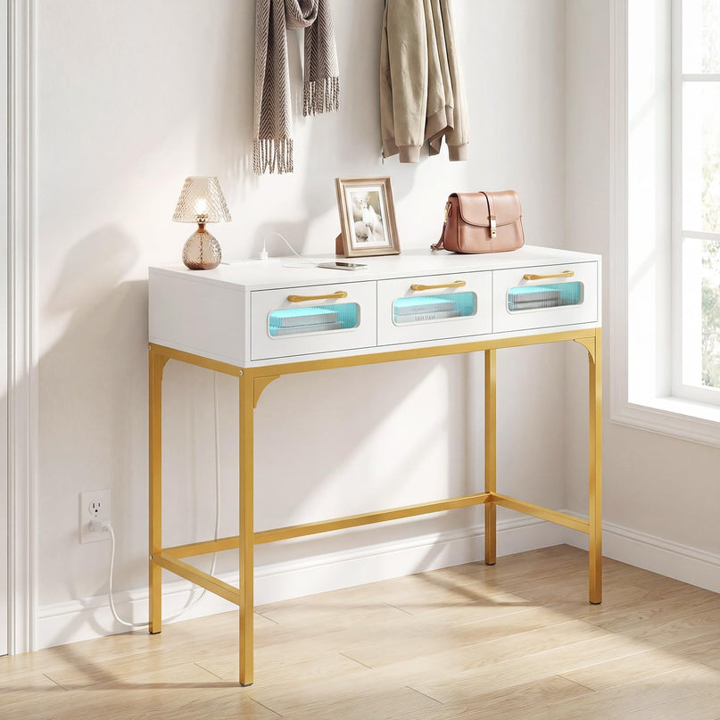 Giantex 35.5" Console Table with Charging Station & 3 Drawers