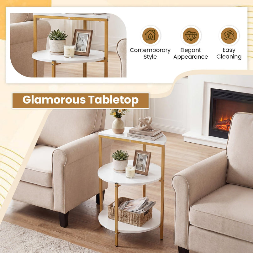 Giantex 3-Tier Round Side Table - Wood Bedside Sofa End Table with Storage Shelves & Metal Frame