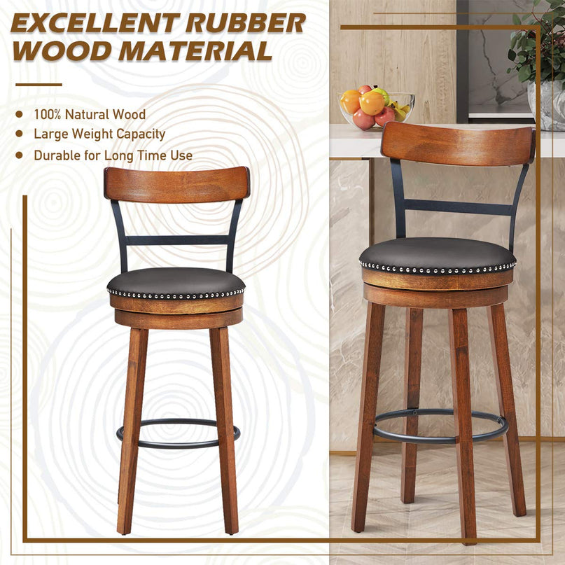 360-Degree Swivel Stools with Leather Padded Seat, Single Slat Ladder Back & Solid Rubber Wood Legs