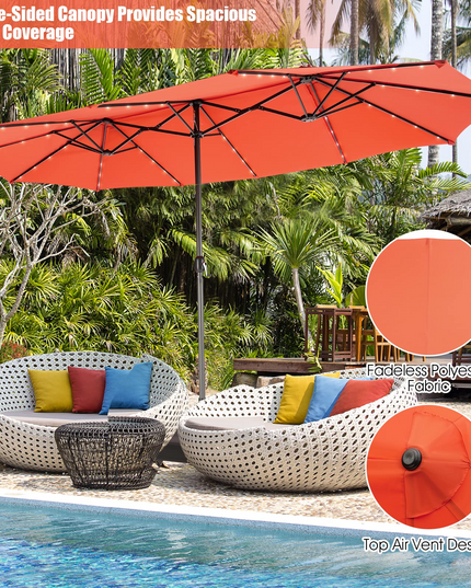 15ft Large Outdoor Umbrella Double-Sided, 48 Solar Lights, Auto-Charging Solar Panel