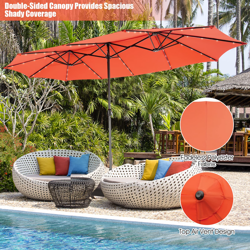 15ft Large Outdoor Umbrella Double-Sided, 48 Solar Lights, Auto-Charging Solar Panel