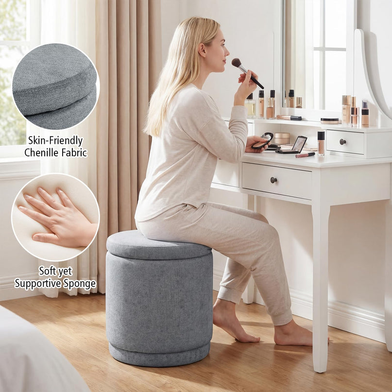 Giantex Round Ottoman with Storage Chenille Fabric Vanity Stool