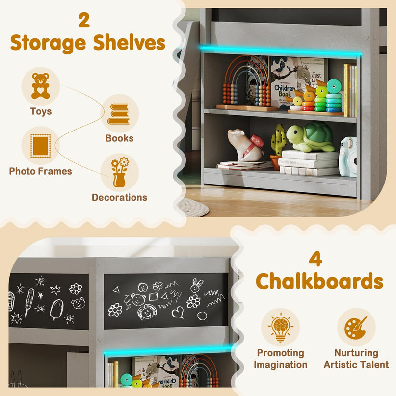 Giantex Low Loft Bed with LED Lights Wooden Twin Size Loft Bed（Twin with Light）