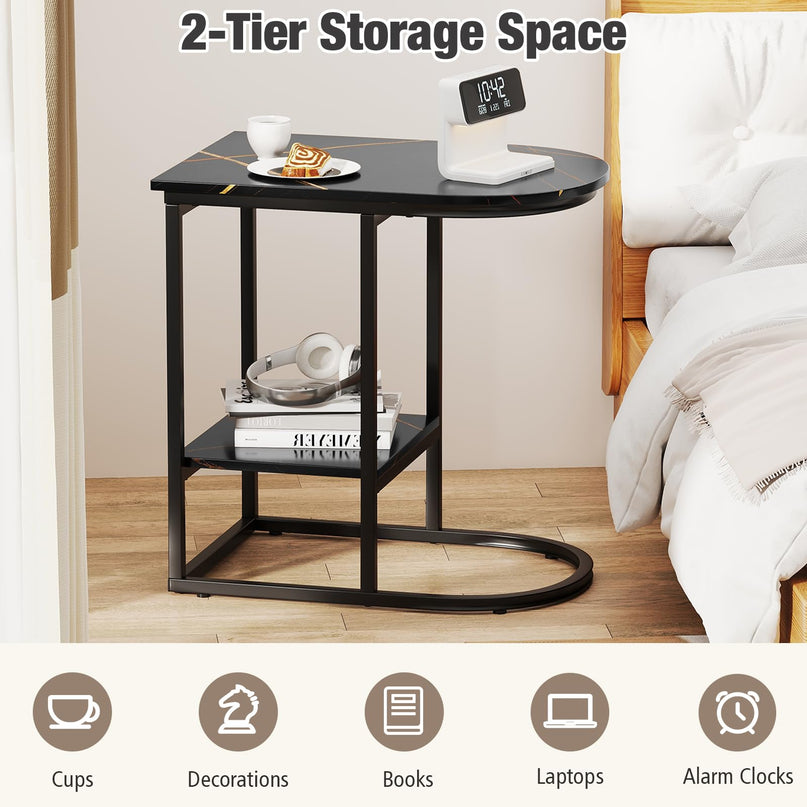 Giantex C Shaped End Table with Faux Marble Tabletop & Storage Shelf