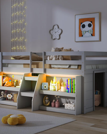 Giantex Low Loft Bed with LED Lights, Wooden Twin Loft Bed with Stairs & Safety Guardrail