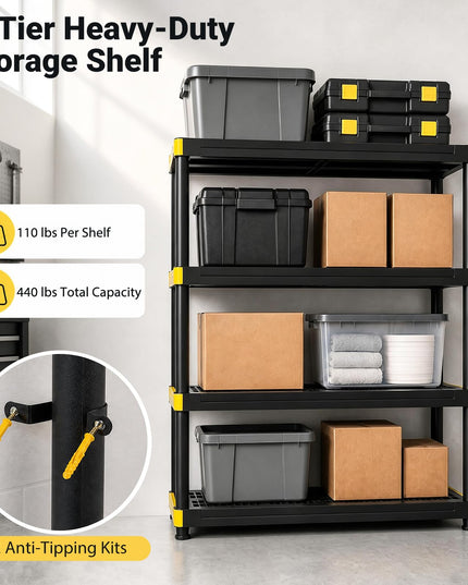 GIANTEX 4-Tier Freestanding Plastic Storage Shelf with Anti-Tipping Kit & Adjustable Feet