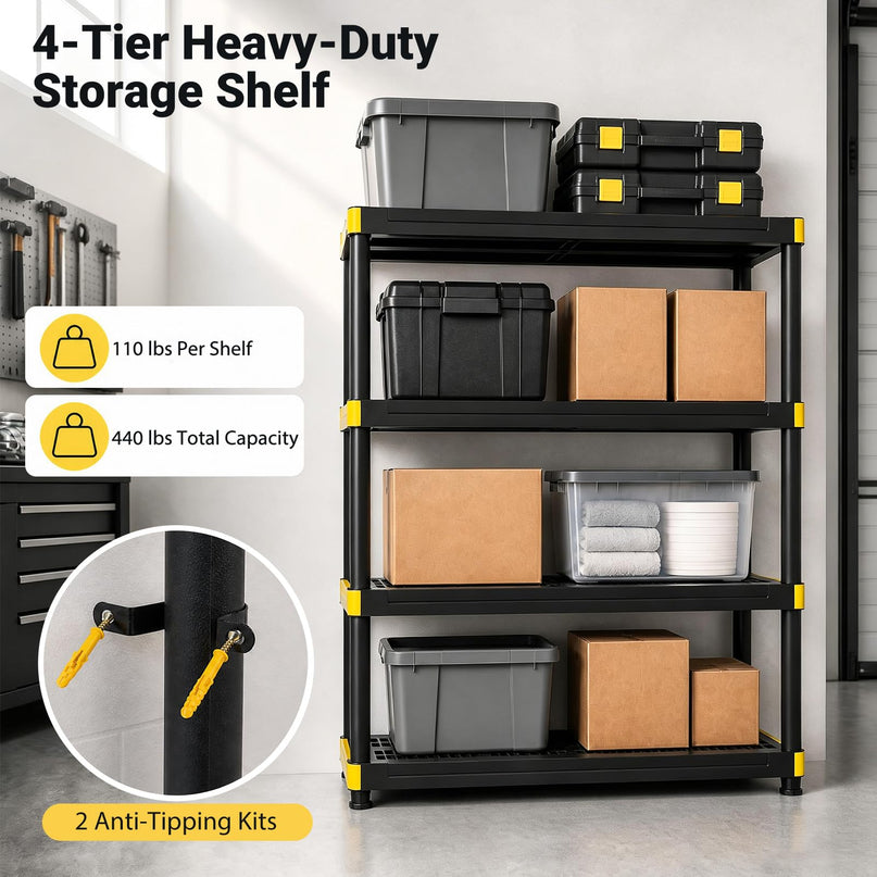 GIANTEX 4-Tier Freestanding Plastic Storage Shelf with Anti-Tipping Kit & Adjustable Feet