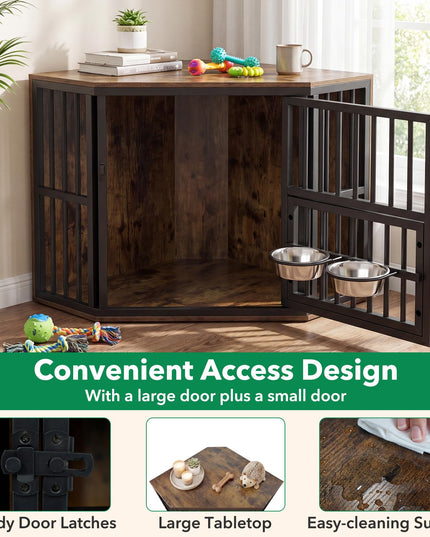 Giantex Wooden Corner Dog Crate Furniture with Adjustable & Reversible Elevated Feeder