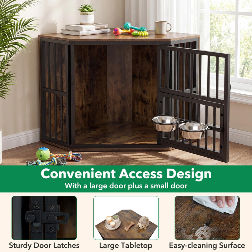 Giantex Wooden Corner Dog Crate Furniture with Adjustable & Reversible Elevated Feeder
