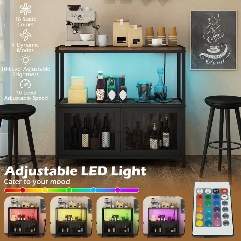 Giantex Wine Cabinet with LED Lights | Industrial Buffet Sideboard w/Charging Station